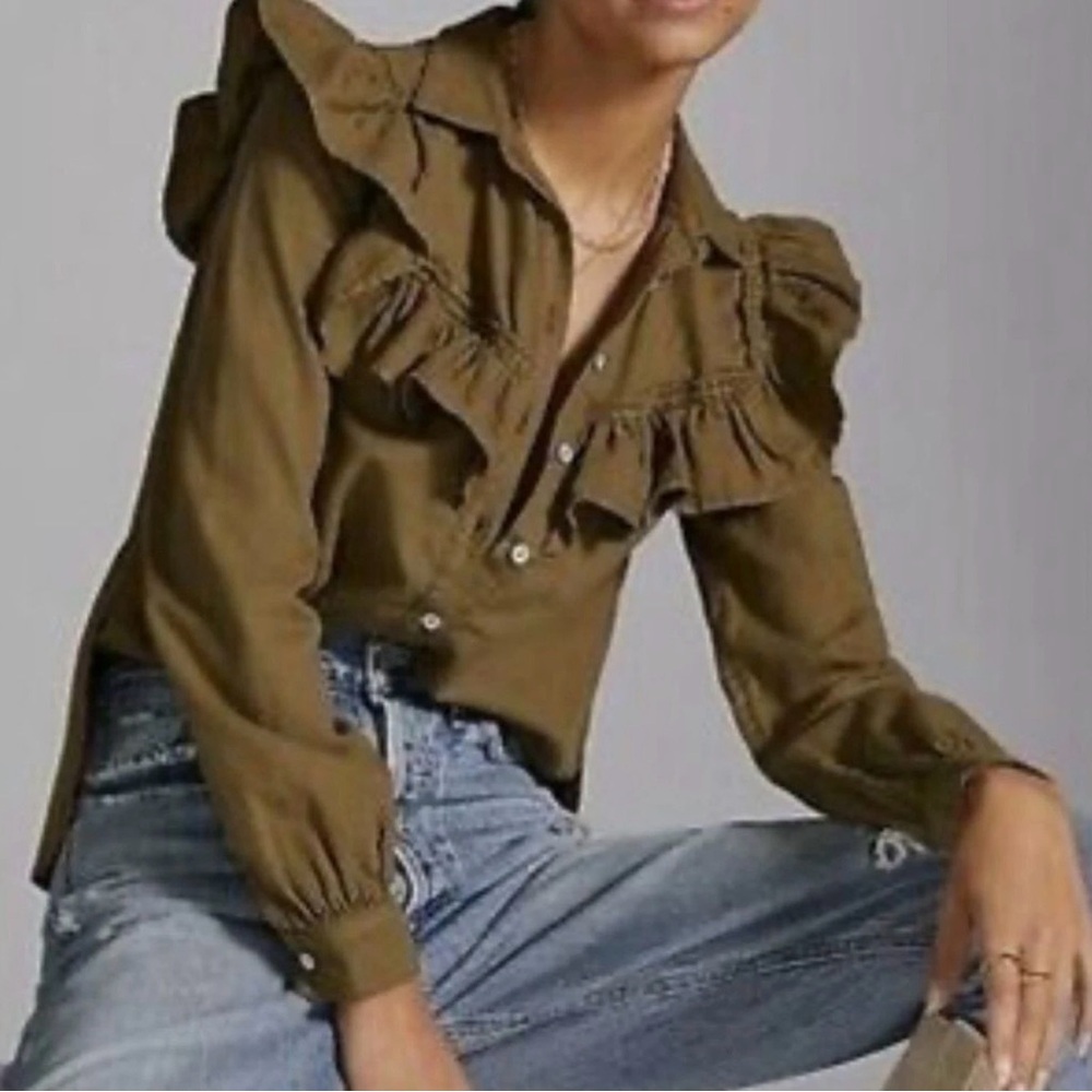 Anthropologie PILCRO M $98  Olive Button-Down Shirt with Ruffles